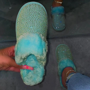 Iarna Papuci Femei Acasă Pantofi Blană Slide-Uri Calde Cu Blană Papuci De Casă Stras De Cristal Blana Interior Dormitor Pantofi Zapatilla Mujer