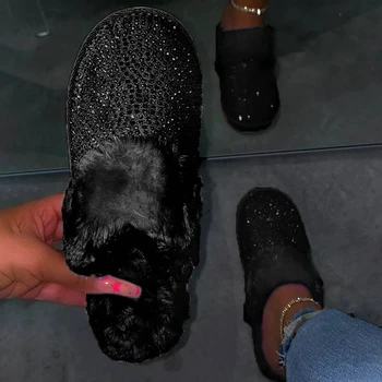 Iarna Papuci Femei Acasă Pantofi Blană Slide-Uri Calde Cu Blană Papuci De Casă Stras De Cristal Blana Interior Dormitor Pantofi Zapatilla Mujer