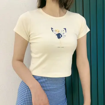 Femei Fluture Zână Anime Bumbac Imprimare T-shirt Vara Vintage Short Sleeve Crewneck Sexy Culturilor Topuri Bej Harajuku Streetwear