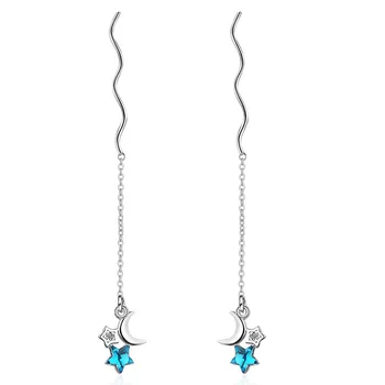 925 Sterling Silver Crystal Blue Star Luna Cercel boucle d'oreille Lung Picătură Cercel pentru Femei Bijuterii de Moda eh1432