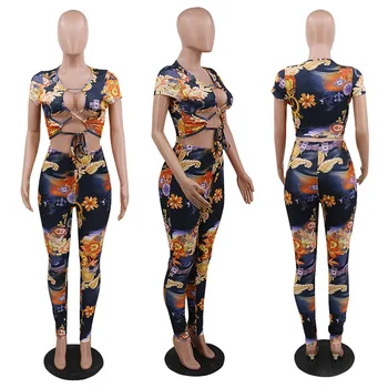 ANJAMANOR Clubwear Sexy Femei din Două Piese Utilaje de Imprimare Florale Dantela-Up Gol Afară Crop Top Tricou și Pantaloni de Potrivire Seturi D57CG32
