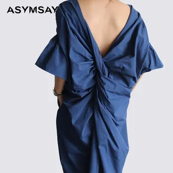 Noi coreea style moda de vara alb culoare albastru cu maneci scurte temperament gol design spate personalitate dulce rochie de en-gros