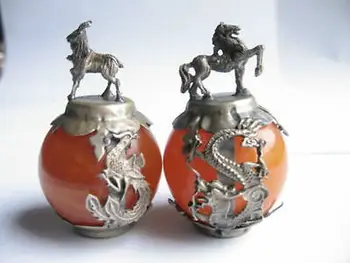 Un set de Rafinat Chineză vechi Decorate argint Tibetan manopera 12 zodiac artificială, ceară de albine Mingea & dragon statui