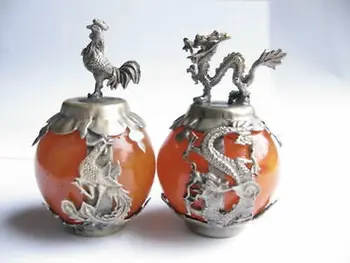 Un set de Rafinat Chineză vechi Decorate argint Tibetan manopera 12 zodiac artificială, ceară de albine Mingea & dragon statui