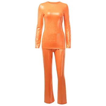 Kricesseen Casual Kylie Jenner Metalice Holografic Două Piese Set de Pantaloni Femei O de Gât Sus Pantaloni Lungi Costume 2 Piese Utilaje
