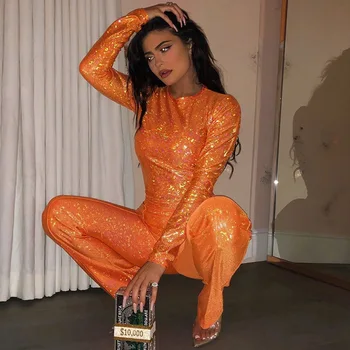 Kricesseen Casual Kylie Jenner Metalice Holografic Două Piese Set de Pantaloni Femei O de Gât Sus Pantaloni Lungi Costume 2 Piese Utilaje
