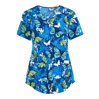 2021 Femei Short Sleeve V-neck Blaturi de Lucru Uniformă de Desene animate de Imprimare Bluza Fluture Model de Uniforme De Enfermera Рабочая Одежда