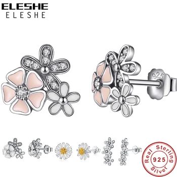 ELESHE de Primăvară la Modă Argint 925 Daisy Floare Stud Cercei Cu Cristal Orbitor Email Cercei pentru Femei Bijuterii Fine