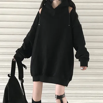 Goth Femei Cu Glugă Glugă Neagră Liber Casual Cu Fermoar Gol Pulover Gros Haină Lungă Japonia, Coreea Fată De Moda Toamna Anului 2020
