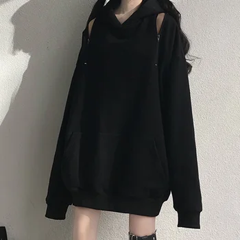 Goth Femei Cu Glugă Glugă Neagră Liber Casual Cu Fermoar Gol Pulover Gros Haină Lungă Japonia, Coreea Fată De Moda Toamna Anului 2020