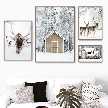 Proaspăt Peisaj de Iarna Poster Cerb Casa Câmp de Zăpadă Panza Pictura Arta Tapet Imagine de Imprimare Meserii pentru Decor Acasă