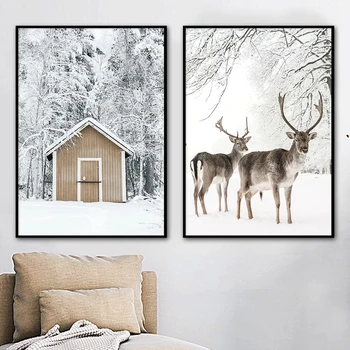 Proaspăt Peisaj de Iarna Poster Cerb Casa Câmp de Zăpadă Panza Pictura Arta Tapet Imagine de Imprimare Meserii pentru Decor Acasă