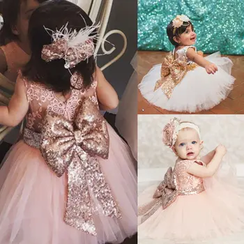 Rochie Fete Rochie de Vara 2019 Brand Backless Teenage Party Sequin Printesa Copii Costum pentru Copii Haine Roz Alb 0-10T