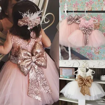 Rochie Fete Rochie de Vara 2019 Brand Backless Teenage Party Sequin Printesa Copii Costum pentru Copii Haine Roz Alb 0-10T
