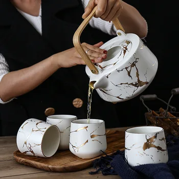 Marmorat uz Casnic Set de Ceai în Stil Japonez, Negru și Alb Ceramic după-Amiază Ceașcă de Ceai cu Acacia Mangium Suport de Bază Ceainic