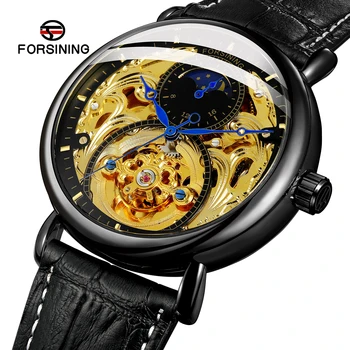 Forsining Brand De Top Automate Mecanice De Afaceri Watch Mens Ceas De Aur, Luna Faza De Piele Încheietura Ceasuri Relogio Masculino