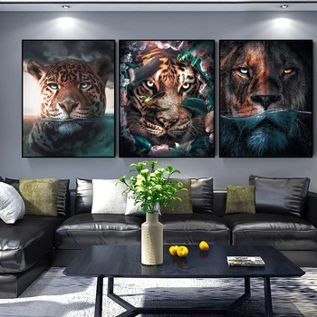 Leu și Tigru Panza de Artă Postere Si Printuri Creative Animale cu Frunzele Plantelor Panza Pictura Pe Perete Imaginea Art Decor