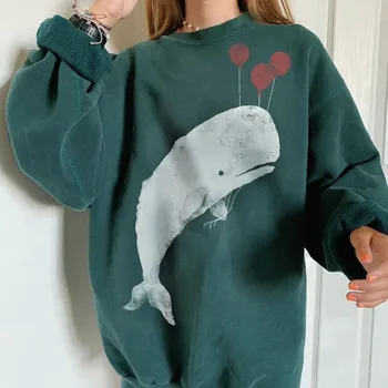 Verde Supradimensionate Hoodies Femei Balena Prined Hanorac Pentru Femei Tricou Tricou Casual Sex Feminin Supradimensionat Guler Rotund Pulover