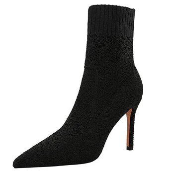 Femei Șosete Cizme a Subliniat Toe Elastic de Înaltă Aluneca Pe Toc Glezna Pompe Stilet Botas Zapatos De Mujer Șosete Pantofi Cizme Înalte y917