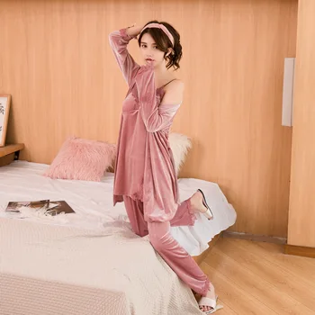 Aur catifea patru piese, pijamale femei sling cu mânecă lungă cămașă de noapte pantaloni de iarna cald serviciu acasă sleepwear