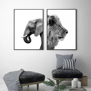 Animale Decor Imagine Alb Negru Elefant Leu Partea Poeter Camera Copiilor De Grădiniță Panza Pictura Arta De Perete Copii Nordic Decor