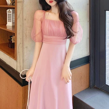 Nou Rochie Midi de Vara pentru Femei 2020 Rochie coreeană Gât Pătrat Slim de Slabit Dantelă Sexy Casual Vintage Moda Rochie Retro de sex Feminin