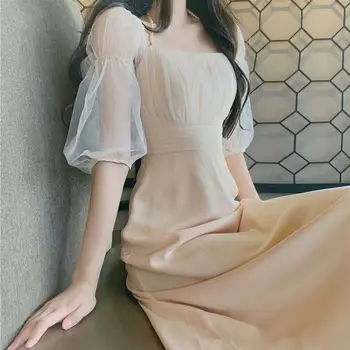 Nou Rochie Midi de Vara pentru Femei 2020 Rochie coreeană Gât Pătrat Slim de Slabit Dantelă Sexy Casual Vintage Moda Rochie Retro de sex Feminin