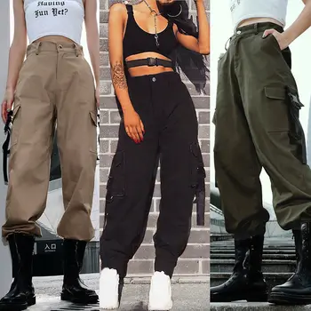 Femei de moda a lui Cargo Pantaloni Talie Mare Pantaloni Casual Pierde Militar în aer liber Buzunar Pantaloni Streetwear