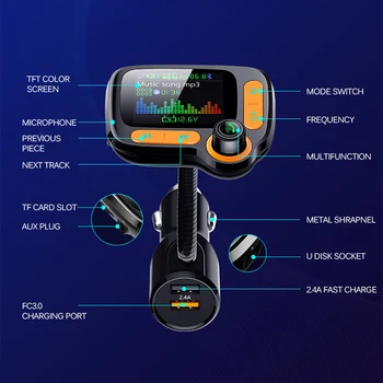 TIOODRE Auto Mp3 Player Transmițător FM Dual USB Încărcător Rapid Bluetooth 5.0 AUX Hands-Free Auto Modulator Ecran Color Car Kit
