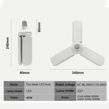 Bec LED E27 45W 110V 220V 30W 60W Acasă de Economisire a Energiei de Înaltă Luminozitate Lumina Pandantiv Pliabil Fan Lama Unghi Reglabil Lampa LED