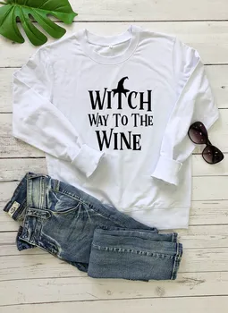 Tricou vrăjitoare mod de a vinului Imprimate New Sosire Amuzante Femei Casual cu Maneci Lungi Bumbac Topuri de Halloween Vin Tricou