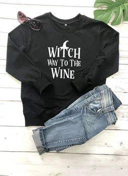 Tricou vrăjitoare mod de a vinului Imprimate New Sosire Amuzante Femei Casual cu Maneci Lungi Bumbac Topuri de Halloween Vin Tricou