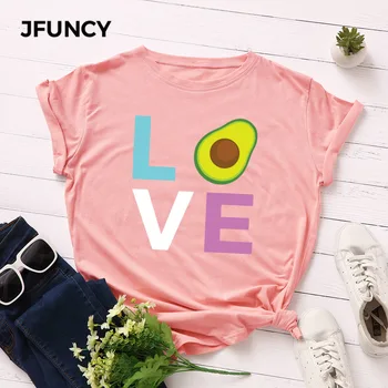 JFUNCY Plus Dimensiune Avocado Dragoste Print T-shirt Femei coreene Bumbac Tricou de Vara Tricouri Topuri cu Maneci Scurte Femeie Tricou Tricouri de sex Feminin