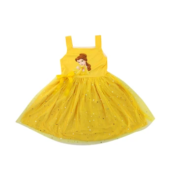Boutique fete printesa rochie galbenă figura de imprimare fără mâneci strălucire fete rochie 99