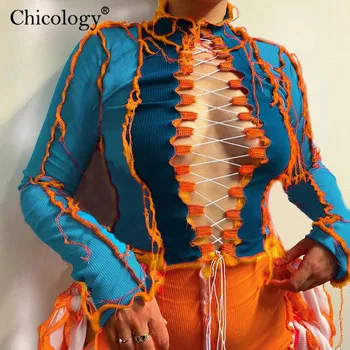 Chicology 2020 Moda Dantelă Sus Mozaic Tricou Femei Maneca Lunga De Sus A Culturilor Toamna Iarna Haine Streetwear-Sexy Club Festival