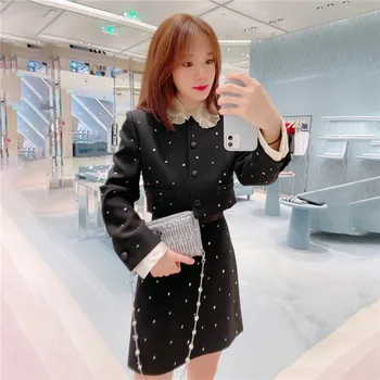Designerii brandului Două Bucata Set 2020 Toamna Moda coreeană Femei Diamante O-gât Scurt Sacou+Fusta mini din Două Piese Utilaje