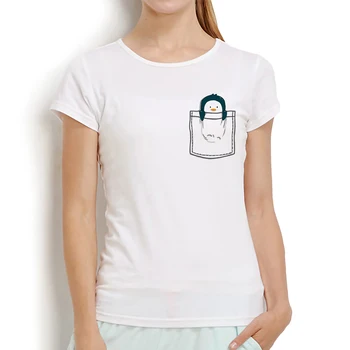 Pinguin drăguț în buzunar amuzant tricou femei de vara nou alb casual maneca scurta tricou femme kawaii streetwear t-shirt