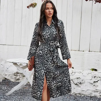 Amazon ebay transfrontaliere toamna/iarna leopard print cu maneca lunga print casual fusta lunga rochie women ' s wear