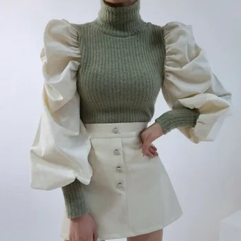 De Iarnă Pentru Femei Pulover Guler Chic Lungă Puff Maneca Pulover Împletit De Culoare Slăbire Talie Coreea Style Tricot Moda Topuri