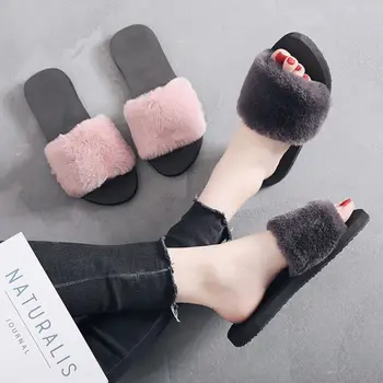 De Vânzare La Cald 36-40 Femei Papuci De Moda Pufos Faux Blana De Pluș Papuci Femei De Primavara Toamna Diapozitive, Flip-Flops Pantofi Plat X4