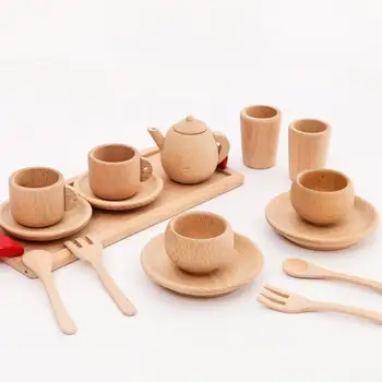 1Set de Lemn Tacamuri Instrumente de Ceai Ceașcă de Ceai Ceai de Partid Jucărie Joc casă de Păpuși în Miniatură Bucatarie Tacamuri Accesorii pentru Copii