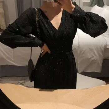 Moda Elegant Solid Femei Rochie a-line Plisate Petrecere Vestidos 2020 Vintage V-neck Slim Talie Mare pentru Femei Rochie Lunga