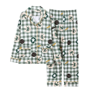 BZEL Femei Pijama Set Nou de Toamna Iarna Homewear Pijamale de Bumbac Guler de Turn-Down Pijama Mujer Carouri Verde Pijama Moale cămășuță de Noapte