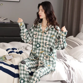 BZEL Femei Pijama Set Nou de Toamna Iarna Homewear Pijamale de Bumbac Guler de Turn-Down Pijama Mujer Carouri Verde Pijama Moale cămășuță de Noapte