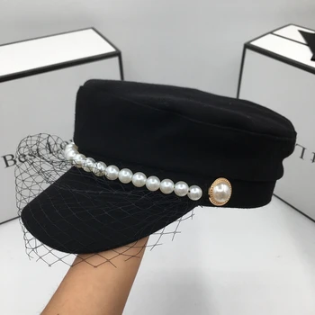 Noul lână neagră viziere cu vedetă de perle si dantela pentru femei restabilirea moduri vechi marinei Britanice capac