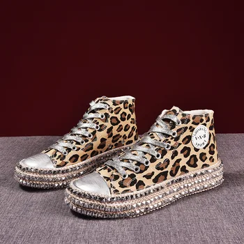 Femeie de primăvară leopard de imprimare panza adidași de moda stras sequin plat sălbatice pantofi pentru femei pantofi casual pentru tineret mare size43