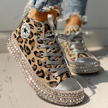 Femeie de primăvară leopard de imprimare panza adidași de moda stras sequin plat sălbatice pantofi pentru femei pantofi casual pentru tineret mare size43