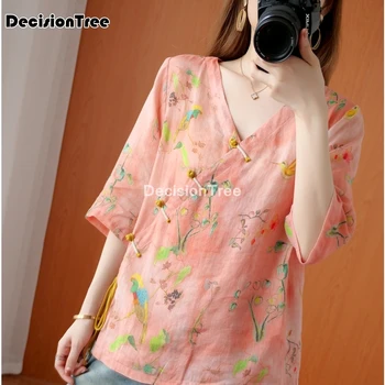 2021 stil chinezesc lenjerie de pat din bumbac top retro liber de zi cu zi casual, bluze femei haine tradiționale floare de imprimare șifon bluze