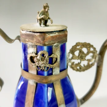 Rafinat Chinez Antic acasă decorative Albastru Porțelan Ceainic Încrustat cu Argint Tibetan Animal Stautes