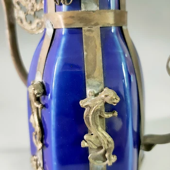 Rafinat Chinez Antic acasă decorative Albastru Porțelan Ceainic Încrustat cu Argint Tibetan Animal Stautes